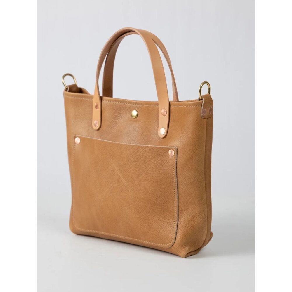 KMM & Co Leather Mini Travel Tote with Crossbody Strap in Camel